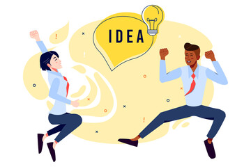 Co-workers jumping out of Happiness celebrating idea. Creative Office Workers with Idea Light Bulb Concept. Cartoon Vector Illustration.	