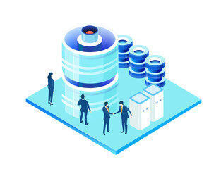 Data center concept with business people. Isometric working space, business people working together in server room, analysing data, solving problems, find solutions. Support idea