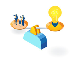 Business people and scale. Light build, great ideas and unique business approach. Partnerships.  New start up. Isometric iconographic of business working space with people, business concept
