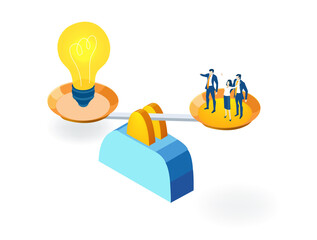 Business people and scale. Light build, great ideas and unique business approach. Partnerships.  New start up. Isometric iconographic of business working space with people, business concept