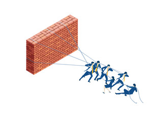 Business people try to move heavy brick wall. Partnerships.  New start up. Isometric iconographic of business working space with people, business concept
