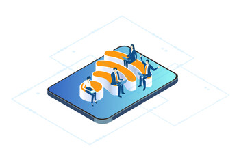 Business people working online, wifi, unique business approach. Partnerships.  New start up. Isometric iconographic of business working space with people, business concept