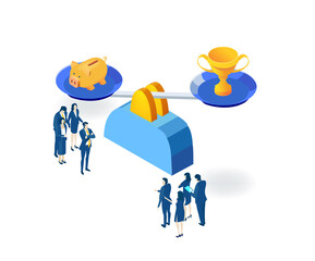 Business people and scale. Golden pig and trophy, great ideas and unique business approach. Partnerships.  New start up. Isometric iconographic of business working space with people, business concept