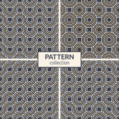 Set of four abstract seamless patterns. Seamless braided linear patterns, wavy lines. Endless striped textures with winding elements. Vector geometric color backgrounds.