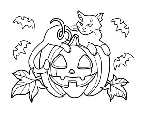 Coloring antistress page for adults 
and children. Halloween and cat.