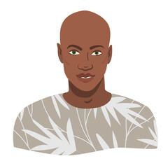 Portrait of bald black man with shaved head. Vector illustration avatar of stylish trendy bald headed african american man. Person isolated on white background.