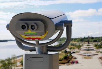 tourist spyglass on the observation deck of the arrow embankment Yaroslavl city Russia in the form...