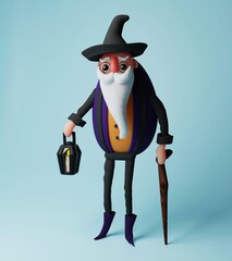Old man with a beard and a hat with a lamp in his hand 3d character
