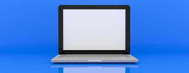 Laptop computer white blank screen on work table front view. Copy space. 3d rendering