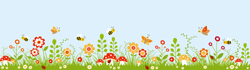 Panoramic colorful garden with flowers, mushroom, bees and butterflies.