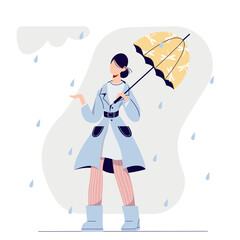Cute stylish cartoon girl under umbrella. Vector abstract young woman in the coat walking in the rain. 