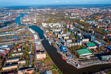 Fototapeta na wymiar Aerial top view Kant Island, Museum of World Ocean city Kaliningrad Russia with blue sky
