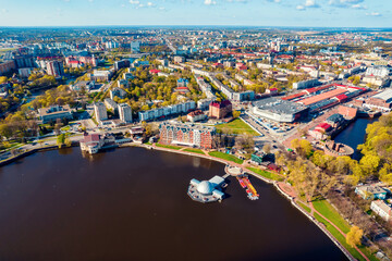 Fototapeta premium Aerial top view cityscape Kaliningrad Russia upper round lake