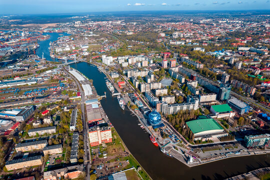 Aerial top view Kant Island, Museum of World Ocean city Kaliningrad Russia with blue sky