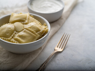 Ravioli in a white bowl and sour cream. There is a fork nearby. Delicious and healthy food. Home and restaurant cuisine. White background. High angle view.