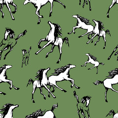 Galloping horses on green background. Drawn seamless pattern. Silhouettes and linear figures of running horses of black and white color. Vector texture, print