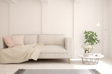 White living room with sofa. Scandinavian interior design. 3D illustration