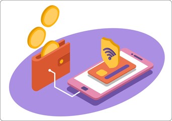 Cashless secure payment. Phone mockup and wallet. Transfer of cash to the card.  Popular flat colors. 3d isometric vector illustration.
