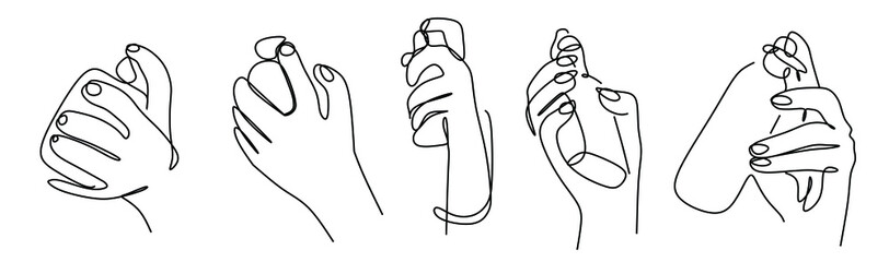 a set of silhouettes of hands with a perfume bottle in a single-line minimalist style. Cosmetics, print on T-shirts, perfume websites, vector illustrations.