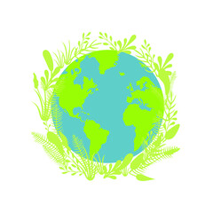 Vector Earth Illustration and Plants Frame, Poster Template, Save the Planet, Ecology Concept.
