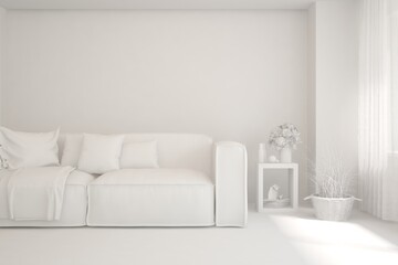 Mock up of minimalist living room in white color with sofa. Scandinavian interior design. 3D illustration