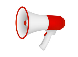 Realistic 3d megaphone or loudspeaker. Vector illustration of loud-hailer. White and red reproducer