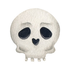 Skull cartoon watercolor illustration. Hand drawn spooky part head element. Halloween decor scary symbol. Skull with teeth anatomy human bone part. Isolated on white background