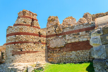 Ancient fortress wall at the entrance of the old town of Nessebar in Bulgaria