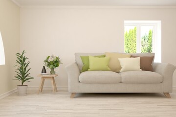 White living room with sofa and summer landscape in window. Scandinavian interior design. 3D illustration