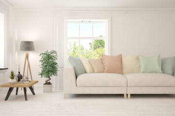 White living room with sofa. Scandinavian interior design. 3D illustration