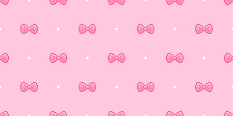 Pixel art bows and ribbons pink seamless pattern. Vector 8 bit cute princess background.