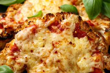 Baked Cauliflower steak with marinara sauce and cheese on plate. Healthy vegetarian food