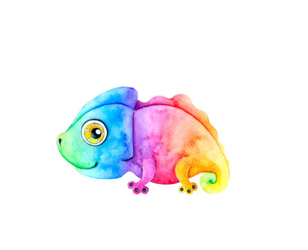 Bright multi-colored chameleon in cartoon style. Watercolor illustration isolated on white background.
