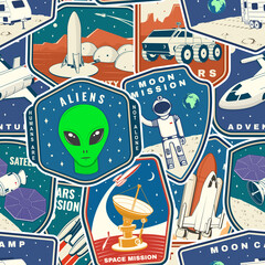 Set of space mission colorful seamless pattern with space rocket alien, mars city, camper van on the moon and earth silhouette. Vector. Background, wallpaper, seamless pattern with patches