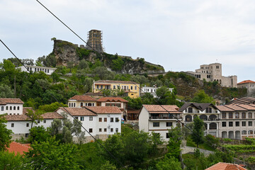 Kruja Castle or Fortress in Kruje, with houses on the mountain Albania