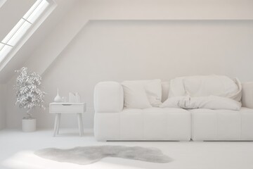 Mock up of minimalist living room in white color with sofa. Scandinavian interior design. 3D illustration