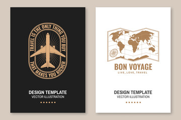 Fototapeta na wymiar Born voyage badge, logo. Live, love, travel Inspiration quotes with airplane , travel map silhouette. Vector illustration. Motivation for traveling flyer, brochure, banner, poster typography.