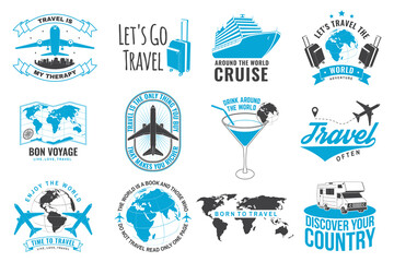 Set of travel badge, logo Travel inspiration quotes with globe, airplane, suitcase and cocktail silhouette. Vector illustration. Motivation for traveling poster typography.