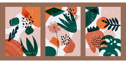 A set of three abstract minimalist aesthetic floral illustrations. Black silhouettes of plants on a light background. Modern colorful vector posters for social media, web design in vintage style.