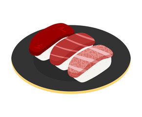 マグロの寿司が皿に3種類乗ったベクターイラスト