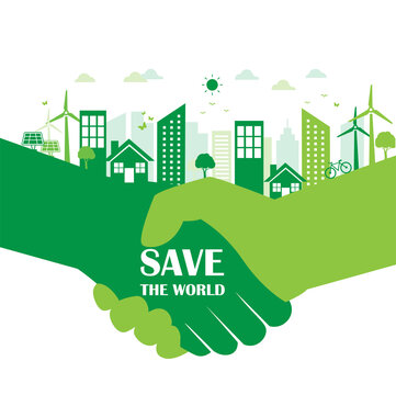 Hand with eco city save the world. ecology sustainable development. nature and green energy. vector illustration in flat style modern design. isolated on white background.
