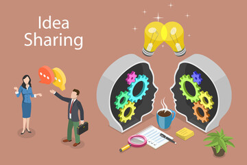 3D Isometric Flat Vector Conceptual Illustration of Idea Sharing, Collective Solve Business Problem