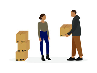Female character near a heap of cardboard boxes and a male character with a box in his hands are standing together on a white background