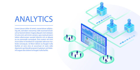 Data analysis and analytics concept as a web banner. Isometric 3d vector illustration of data processing and visual reporting of user data