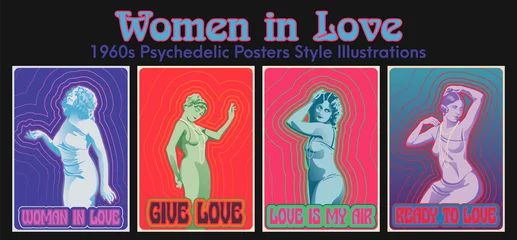 Foto auf Acrylglas Women in Love, 1960s Psychedelic Posters Style Illustrations, Art Nouveau Beauties and Psychedelic Colors © koyash07