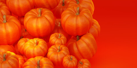Pumpkins on a red background. Lots of abstract pumpkins. Orange gourds close-up. Pumpkins symbolize Jack-o-lantern. Gourd for halloween party. Background from gourd. 3d visualization.