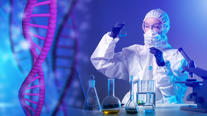 Doctor, scientist or geneticist in lab. Geneticist holds test tube in his hands. DNA helix in front...