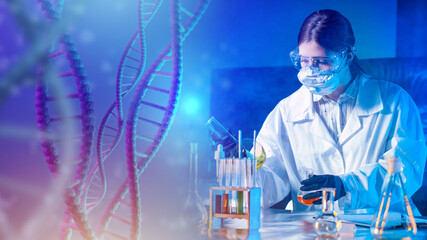 Geneticist woman at laboratory table. Technician working with biological samples. She studies DNA...