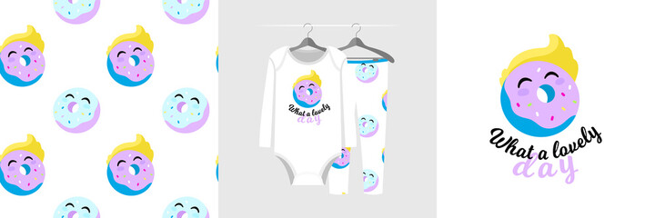 Seamless pattern and illustration with Donut, quote What a lovely day