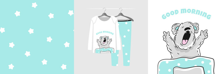 Seamless pattern and illustration with koala under the covers stretches and yawns © stocklene